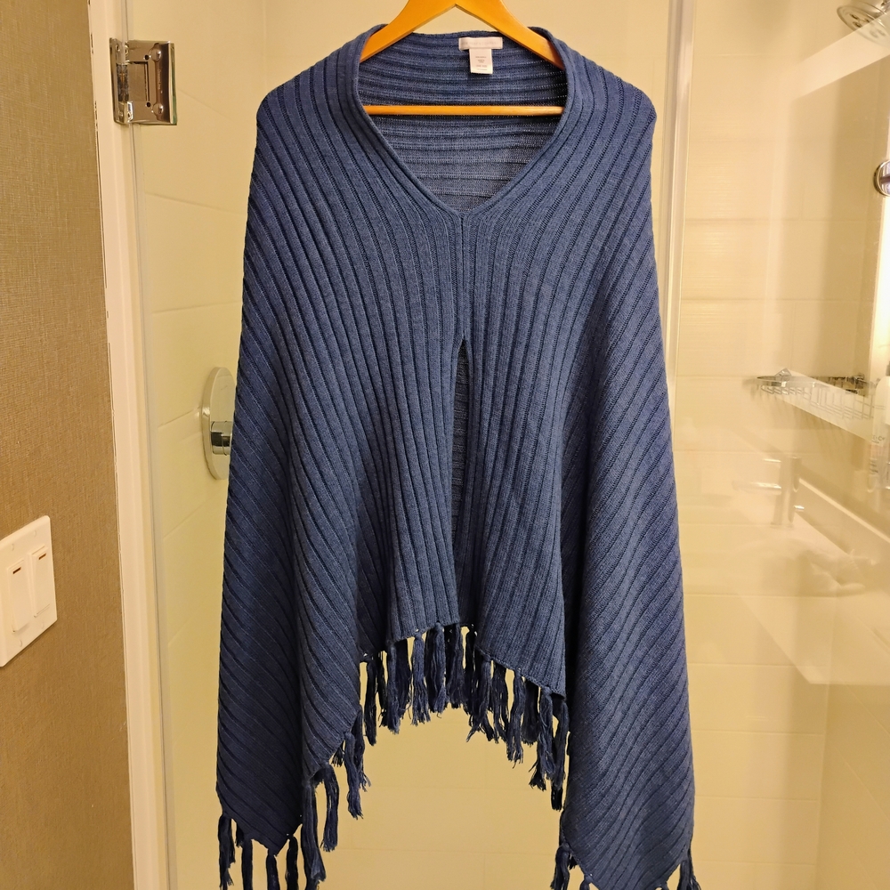 New York & Company Blue V-Neck Poncho with Fringe